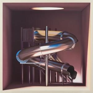 虚拟建筑的游乐场滑梯，管，和梯子位于浅，墙壁的空间，从上面的眼天窗照明