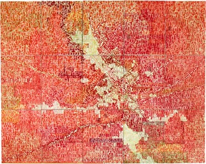 黄色、橙色、粉色和红色的不同形状的矩形，排列在一个类似网格或地图的网络中